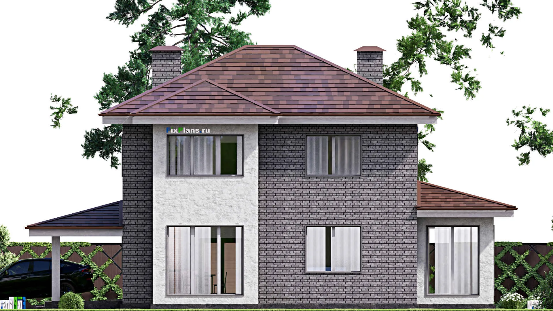 F-15191 - Проект двухэтажного дома 16 на 18, площадью 270 м² с террасой, гаражом на 2 машины и 4 спальнями