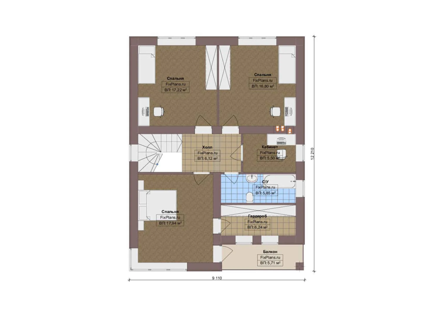 F-18368 - Планы двухэтажного дома 10 на 13, площадью 170 м² с балконом и 4 спальнями
