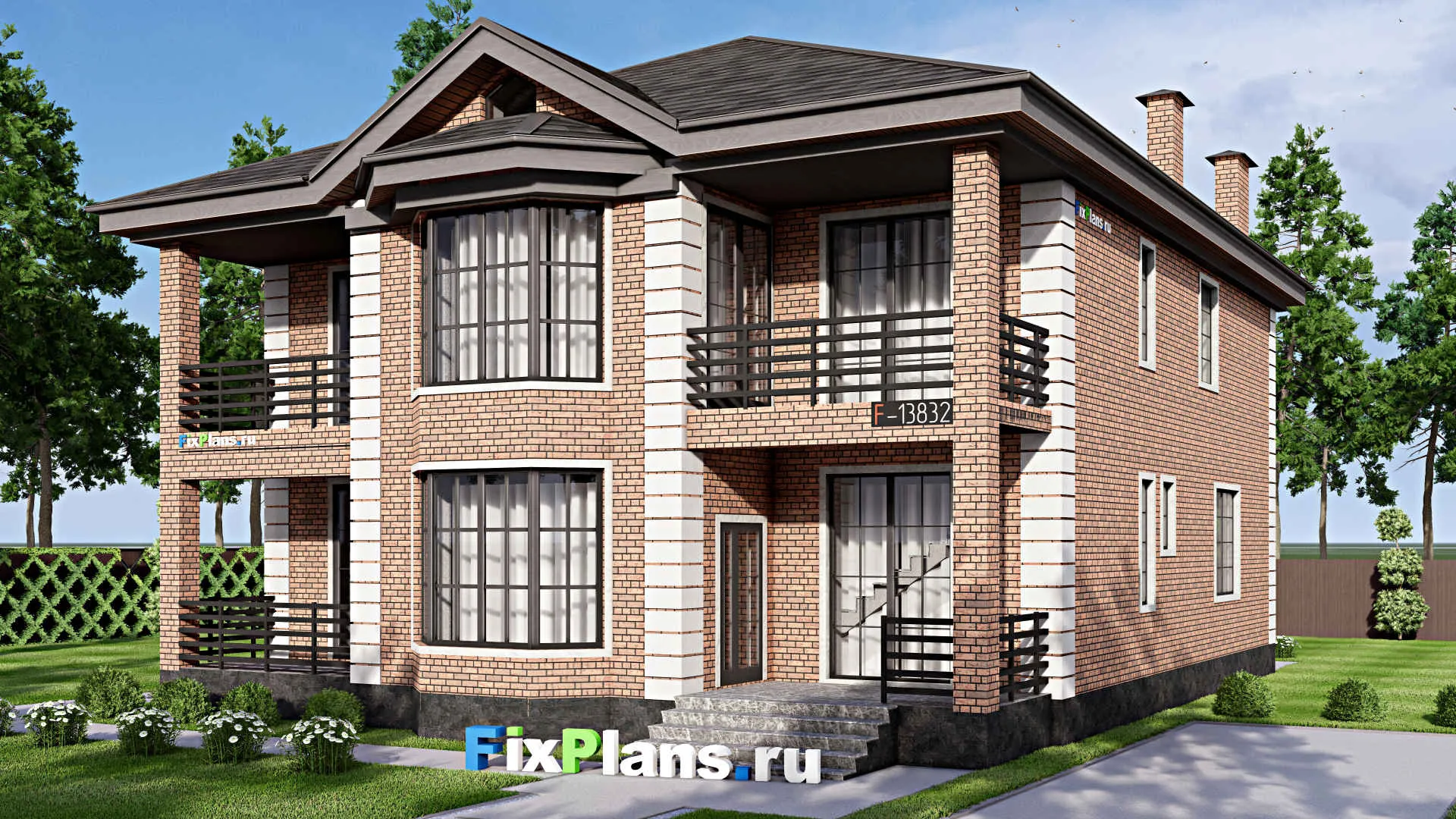 F-13832 - Проект двухэтажного дома 14 на 17, площадью 330 м² с террасой, балконом и 5 спальнями