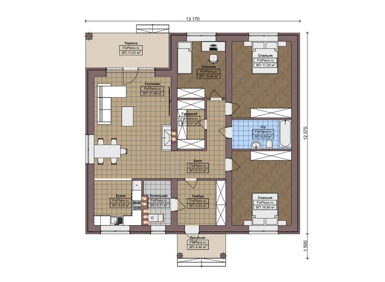 F-8054 - План одноэтажного дома 13 на 14, площадью 140 м² с террасой и 3 спальнями