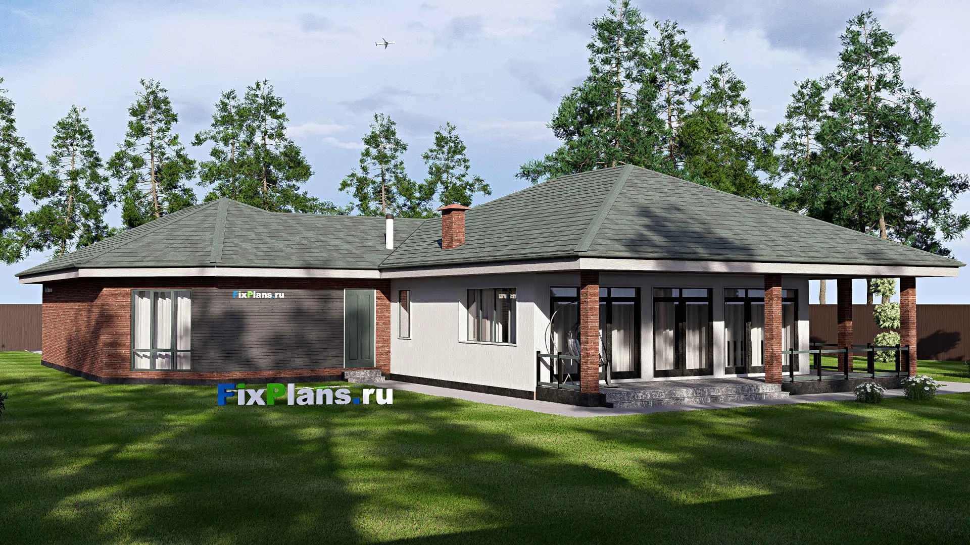 F-19025 - Проект одноэтажного дома 20 на 25, площадью 260 м² с террасой, гаражом на 2 машины и 2 спальнями