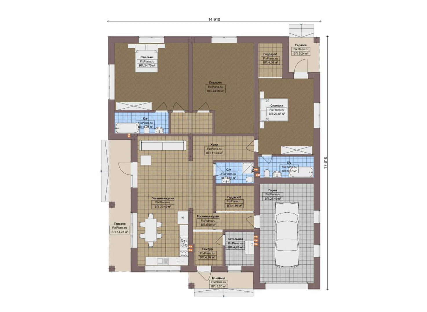 F-13283 - План одноэтажного дома 15 на 18, площадью 220 м² с террасой, гаражом на 1 машину и 3 спальнями
