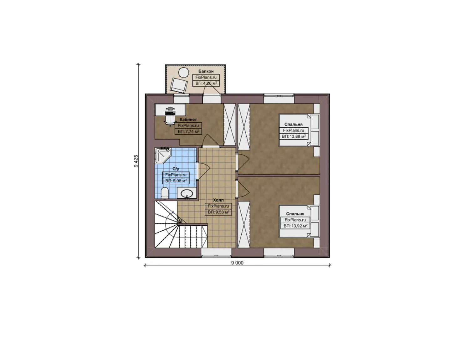 F-11717 - Планы дома с мансардой 9 на 10, площадью 250 м² с балконом и 3 спальнями