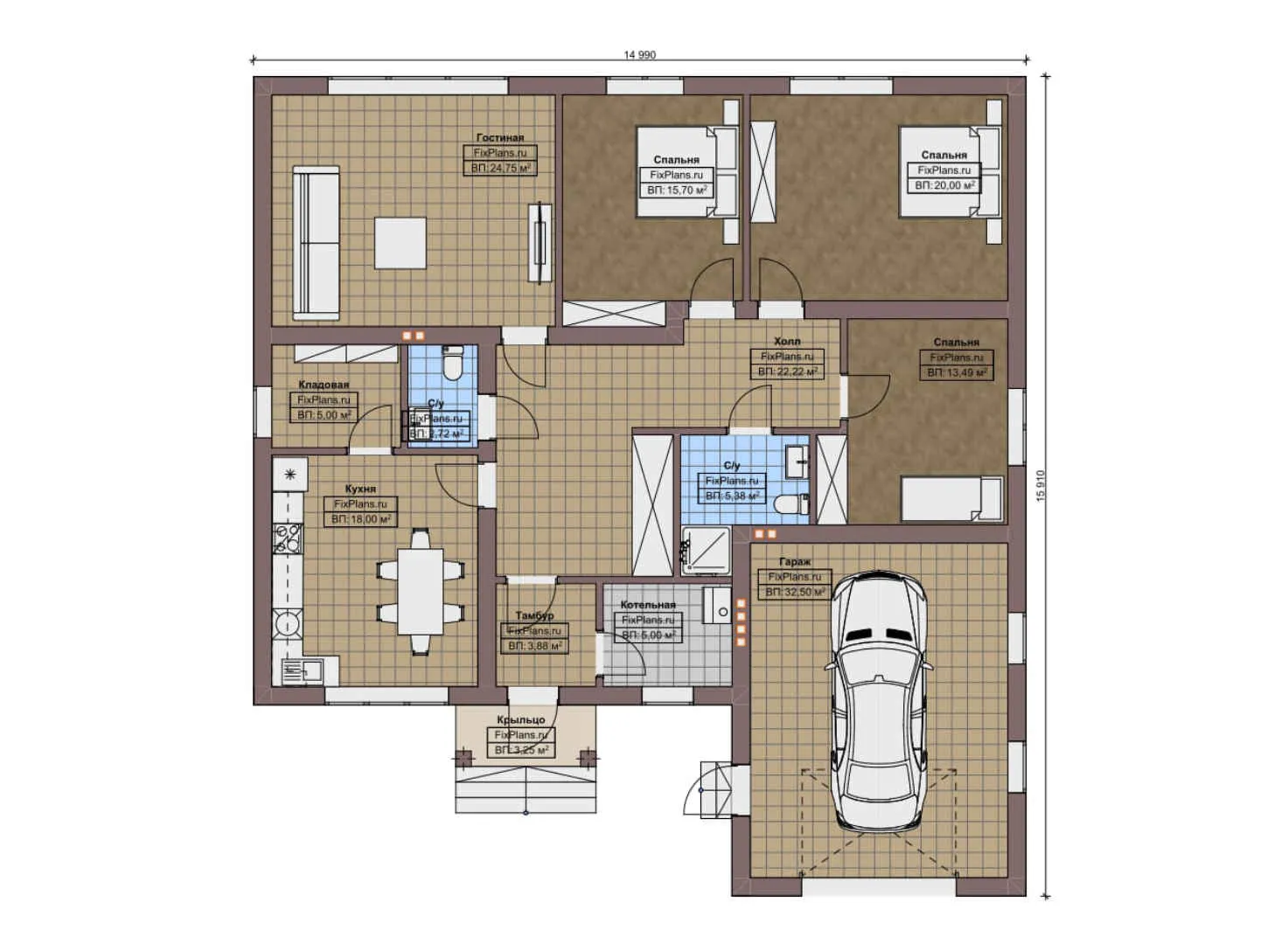 F-10385 - План одноэтажного дома 15 на 16, площадью 180 м² с 3 спальнями