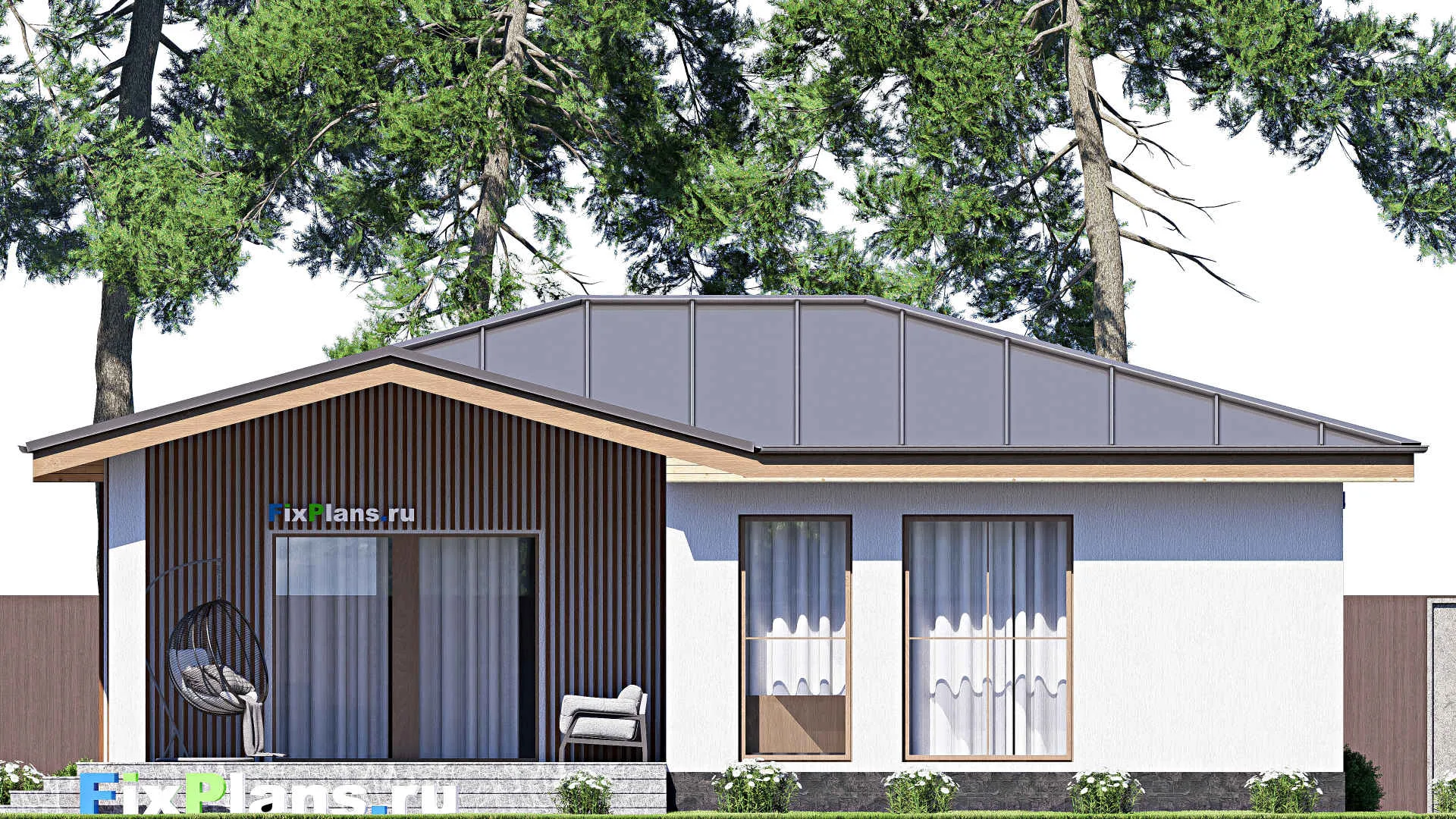 F-16559 - Проект одноэтажного дома 11 на 13, площадью 120 м² с террасой и 3 спальнями