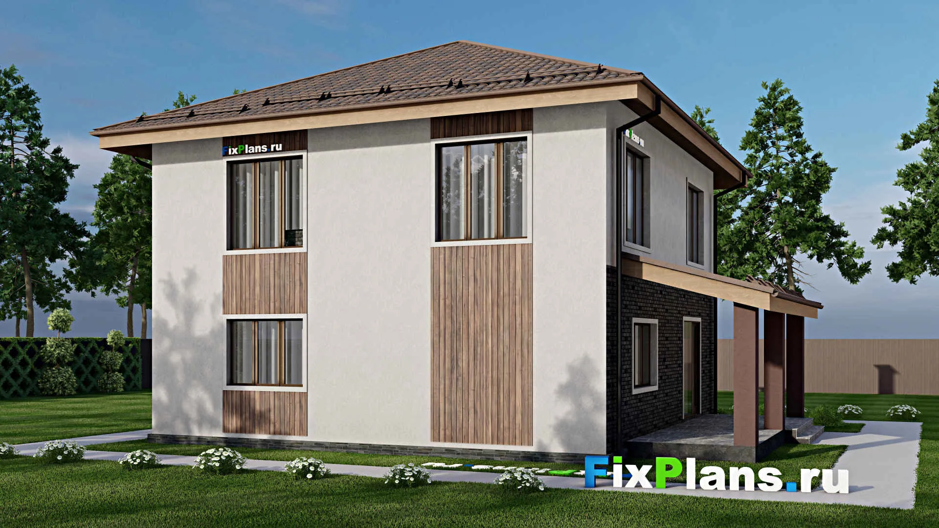 F-10511 - Планы двухэтажного дома 12 на 14, площадью 200 м² с террасой и 4 спальнями