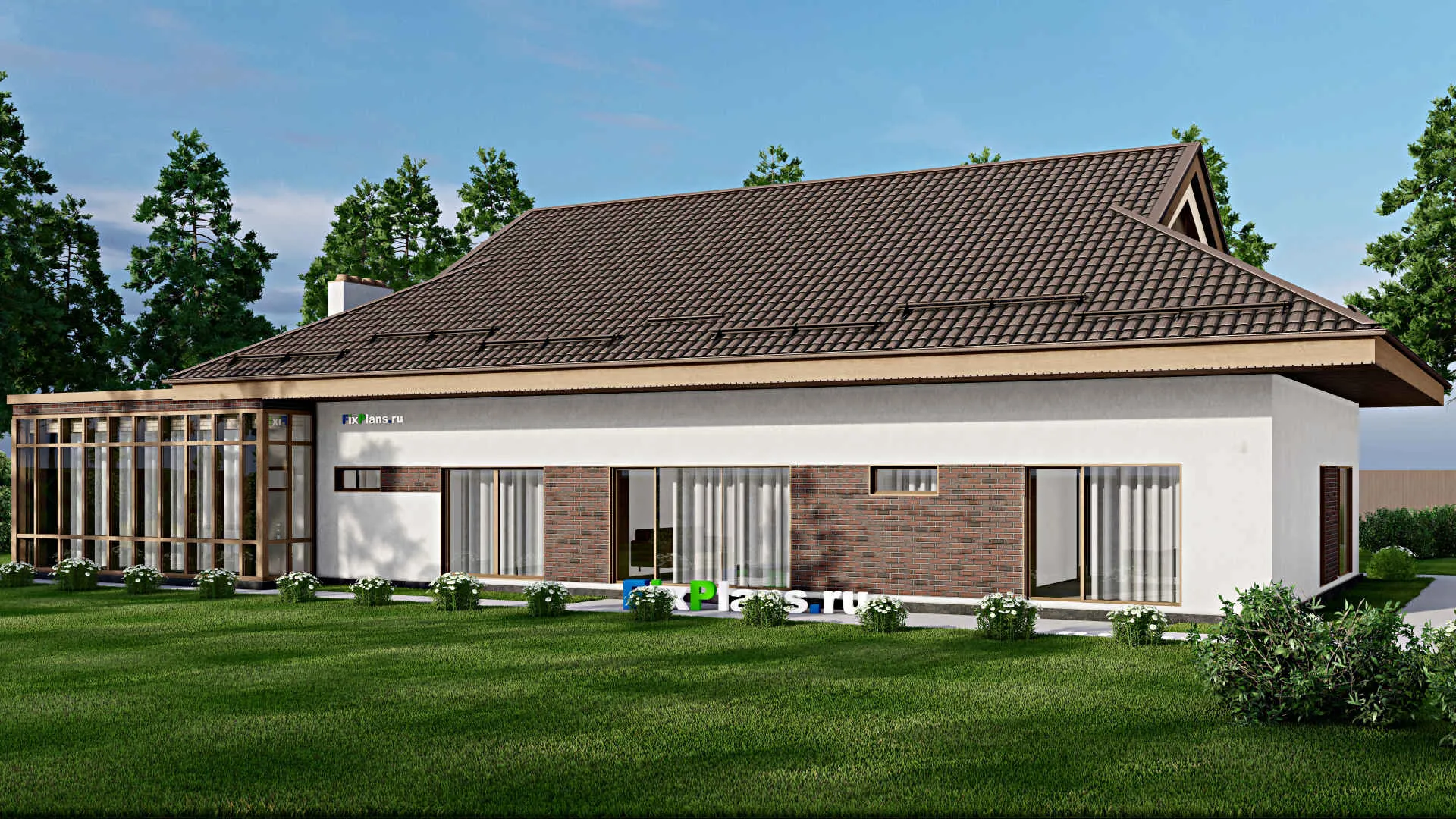 F-2681 - Проект одноэтажного дома 14 на 26, площадью 210 м² с террасой, баней и 2 спальнями