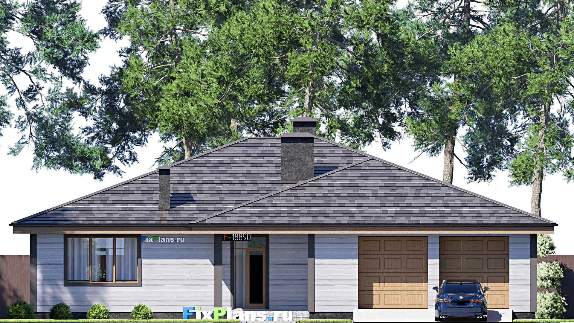 F-18890 - Проект одноэтажного дома 18 на 18, площадью 200 м² с гаражом на 1 машину и 3 спальнями