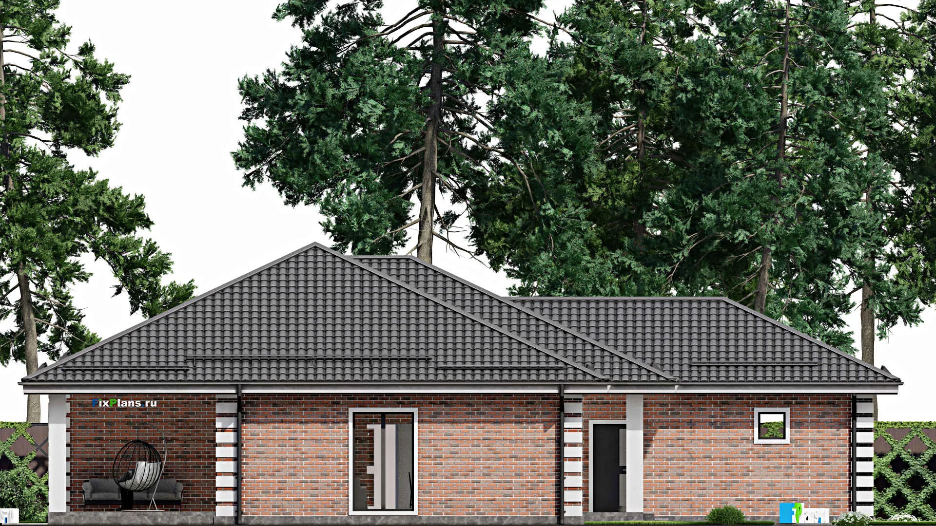 F-3365 - Проект одноэтажного дома 17 на 20, площадью 230 м² с террасой, гаражом на 2 машины и 3 спальнями