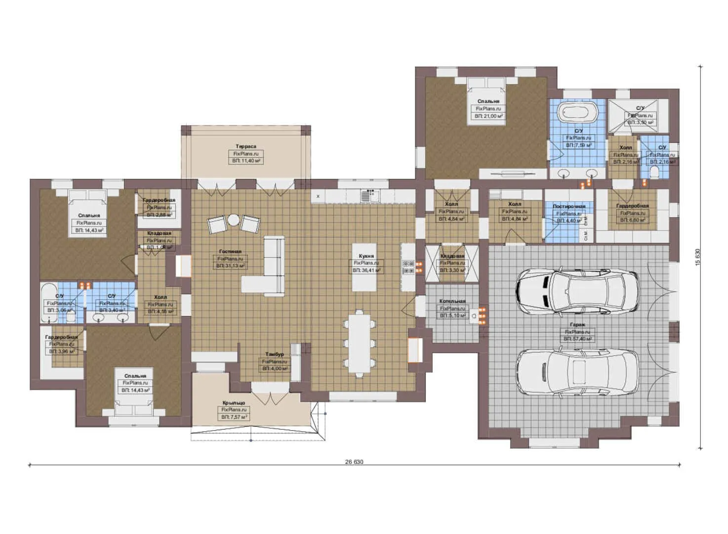 F-20672 - План одноэтажного дома 16 на 27, площадью 270 м² с террасой, гаражом на 2 машины и 3 спальнями