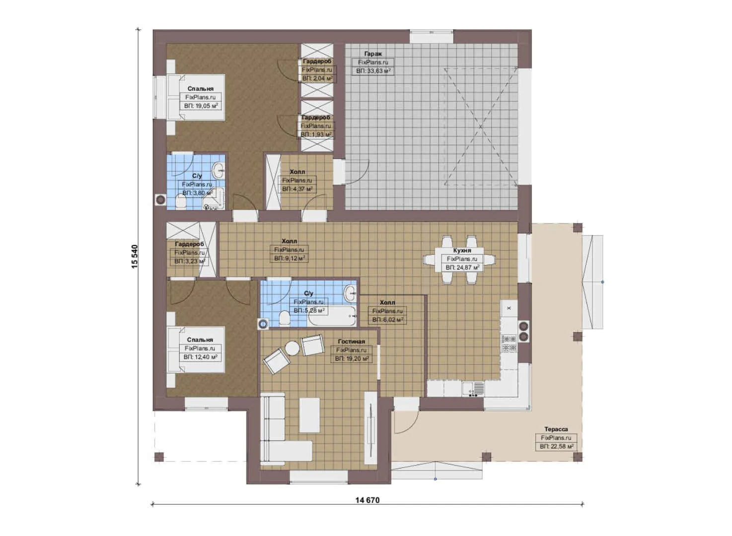 F-17153 - План одноэтажного дома 15 на 16, площадью 170 м² с террасой, гаражом на 1 машину и 2 спальнями
