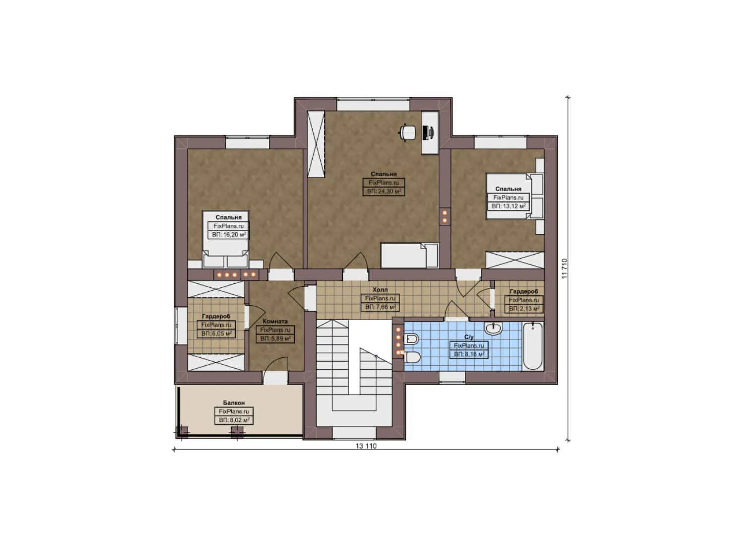 F-10520 - Планы дома с мансардой 14 на 22, площадью 270 м² с террасой, балконом, гаражом на 2 машины и 4 спальнями