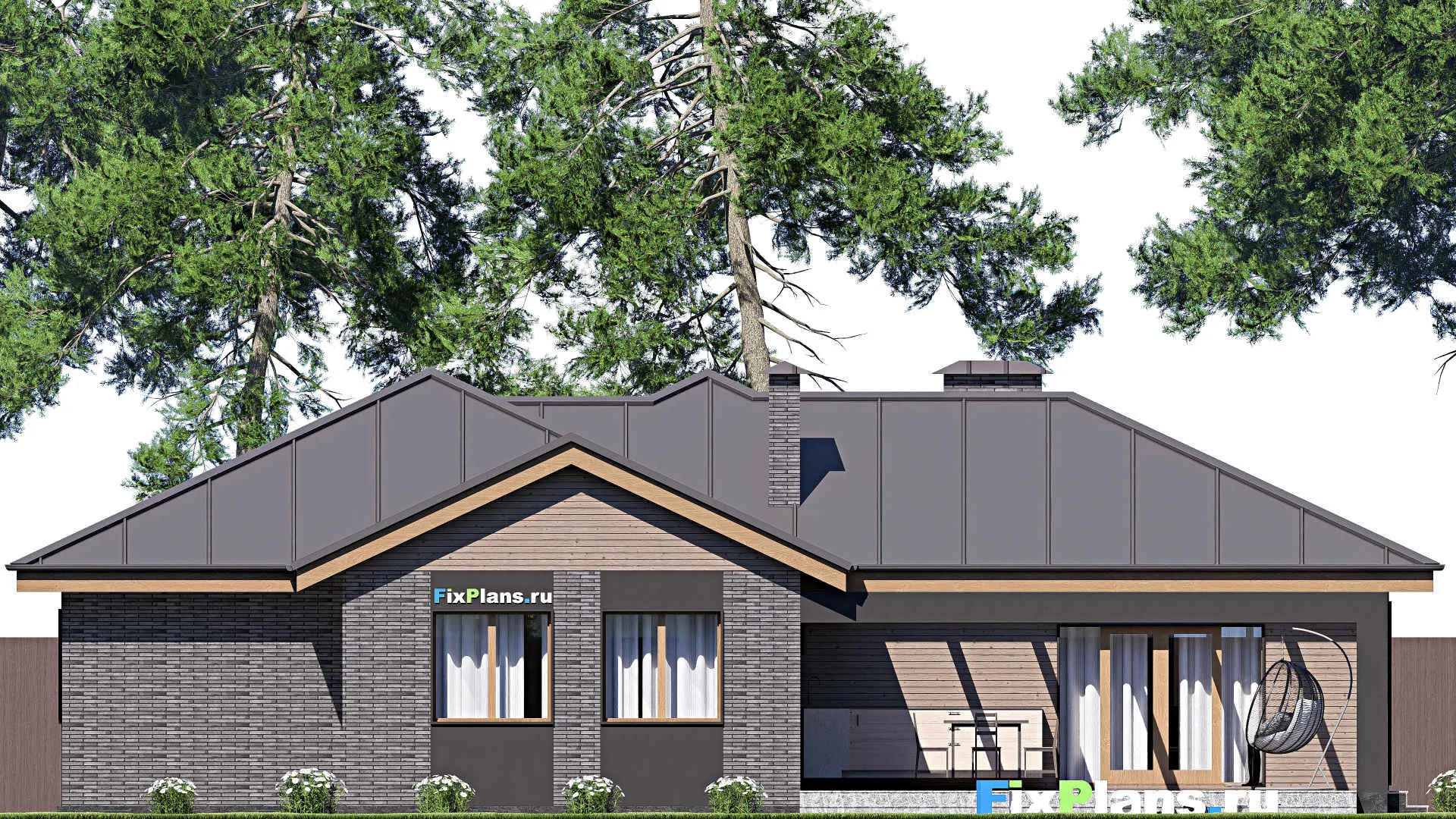 F-19403 - Проект одноэтажного дома 18 на 19, площадью 230 м² с террасой, гаражом на 1 машину и 4 спальнями