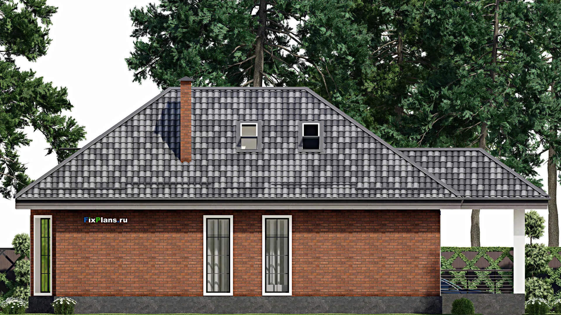 F-5255 - Проект одноэтажного дома 13 на 18, площадью 230 м² с террасой и 4 спальнями