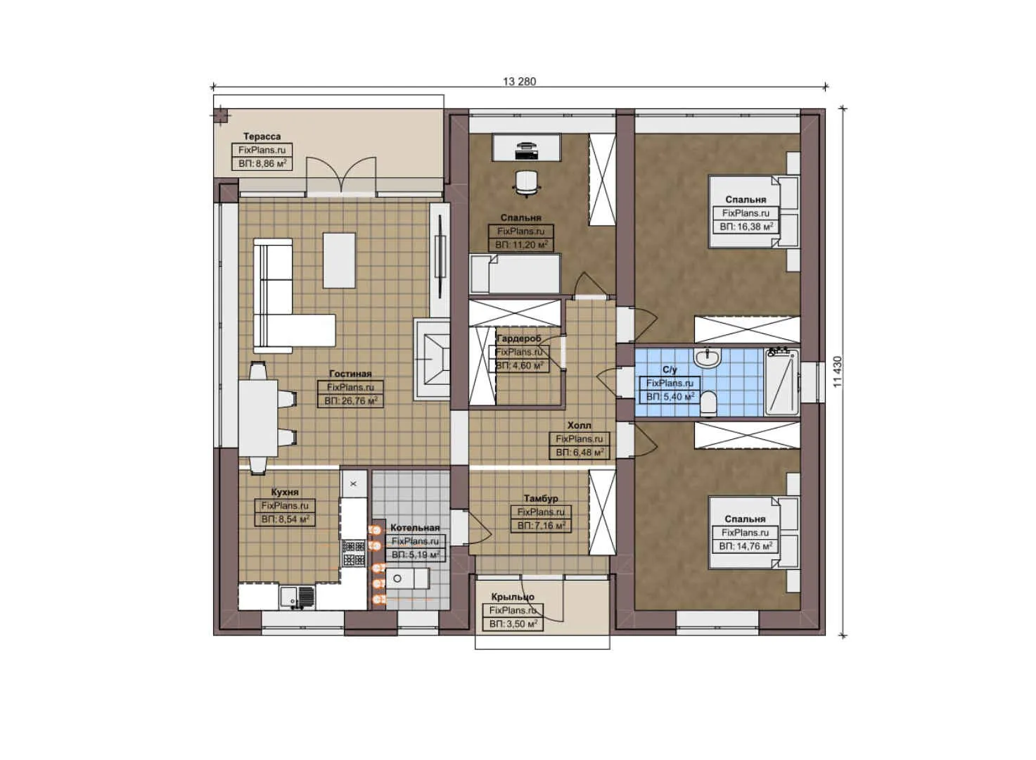 F-7028 - План одноэтажного дома 12 на 14, площадью 120 м² с террасой и 3 спальнями