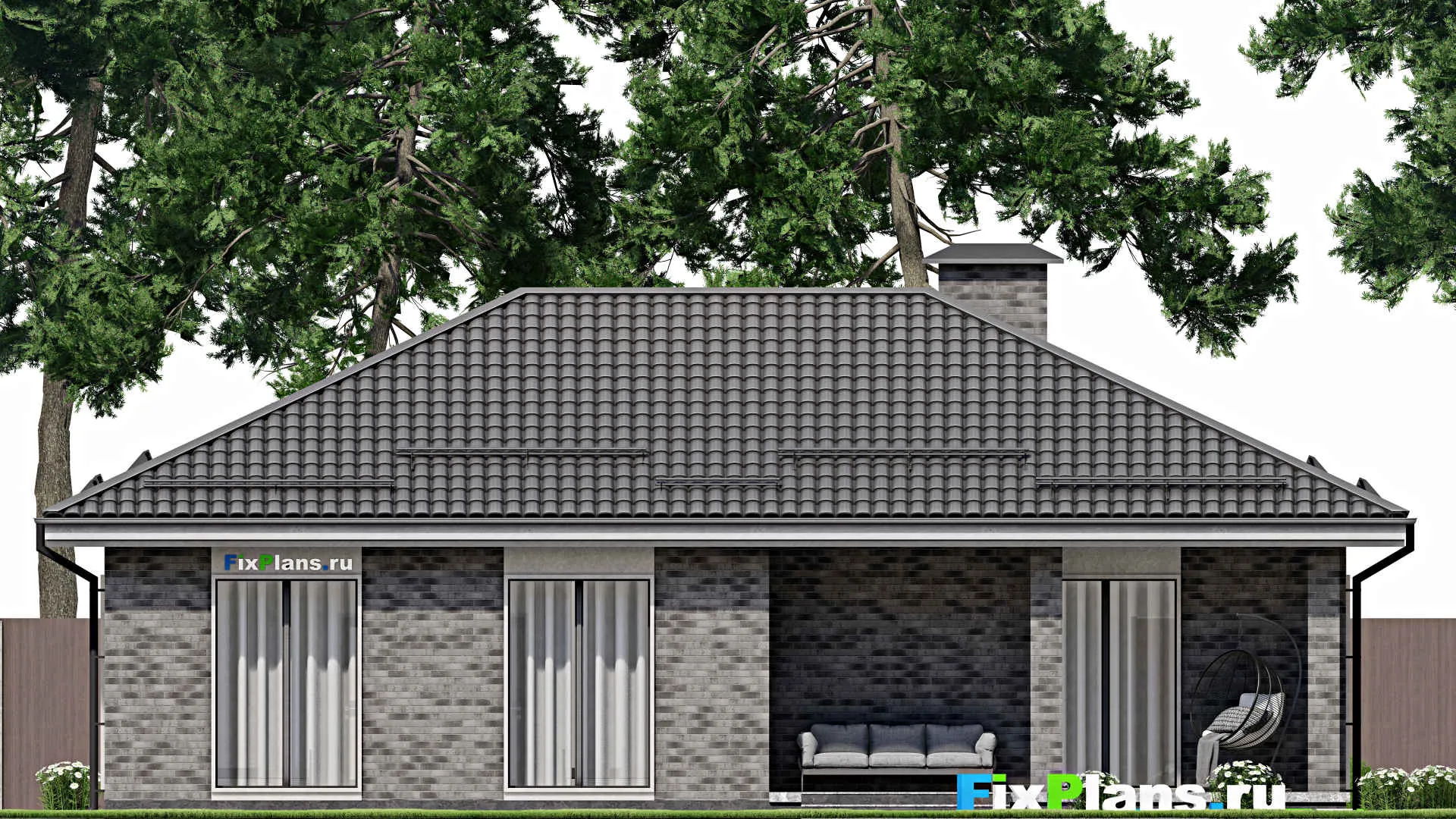 F-2645 - Проект одноэтажного дома 11 на 15, площадью 130 м² с террасой и 3 спальнями