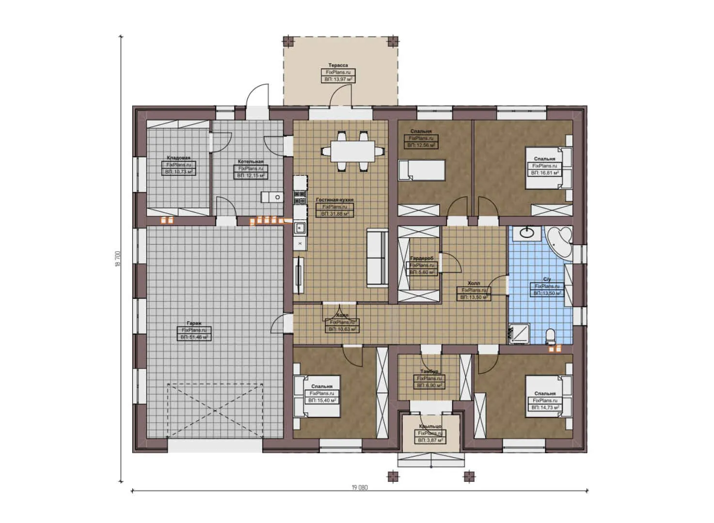 F-9512 - План одноэтажного дома 19 на 20, площадью 240 м² с террасой, гаражом на 2 машины и 4 спальнями
