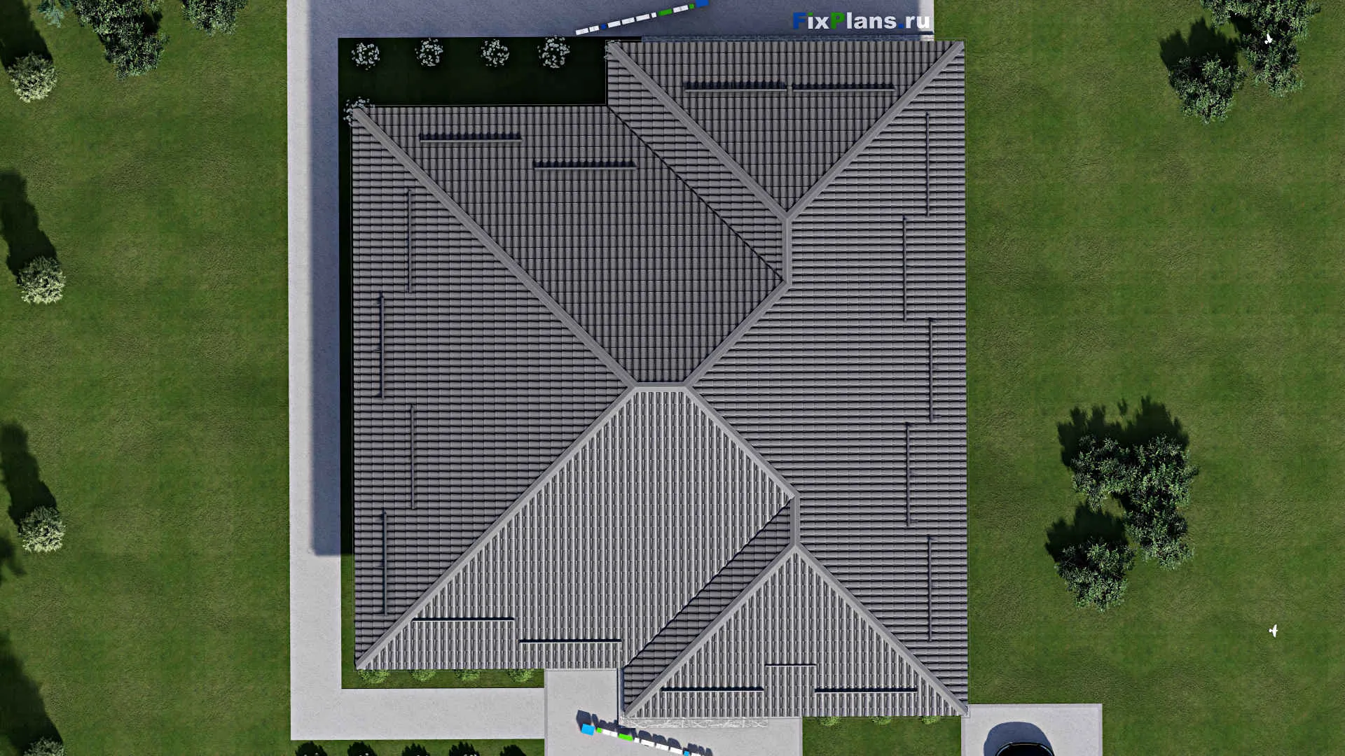 F-1925 - Проект одноэтажного дома 17 на 17, площадью 230 м² с террасой и 4 спальнями