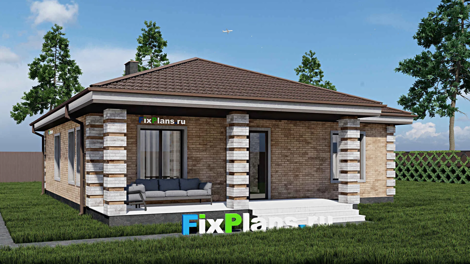 F-0656 - Проект одноэтажного дома 12 на 12, площадью 130 м² с террасой и 3 спальнями