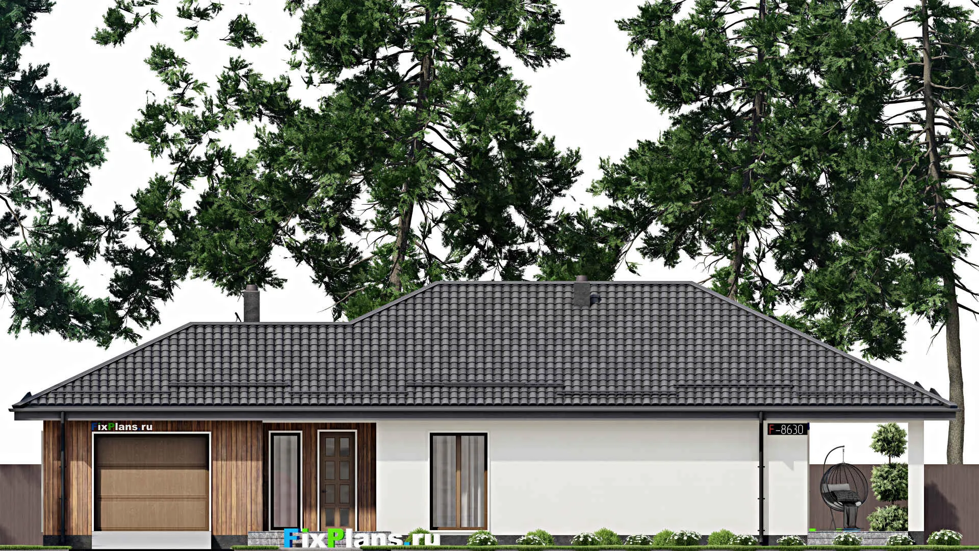 F-8630 - Проект одноэтажного дома 12 на 23, площадью 220 м² с террасой, гаражом на 1 машину и 3 спальнями