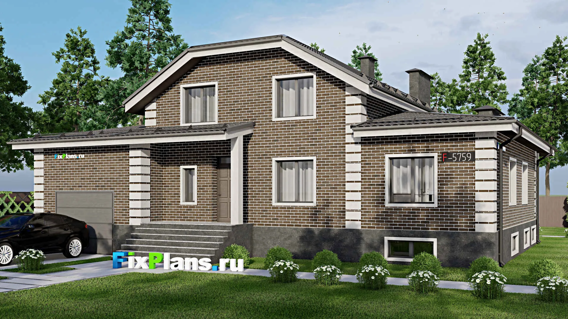 F-5759 - Проект дома с мансардой 13 на 18, площадью 320 м² с цокольным этажом, баней, гаражом на 2 машины и 5 спальнями