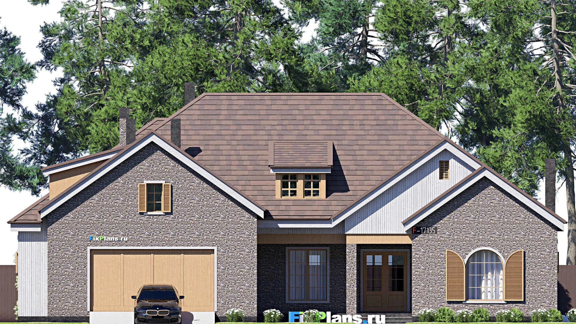 F-17135 - Проект дома с мансардой 22 на 22, площадью 340 м² с террасой, гаражом на 2 машины и 4 спальнями