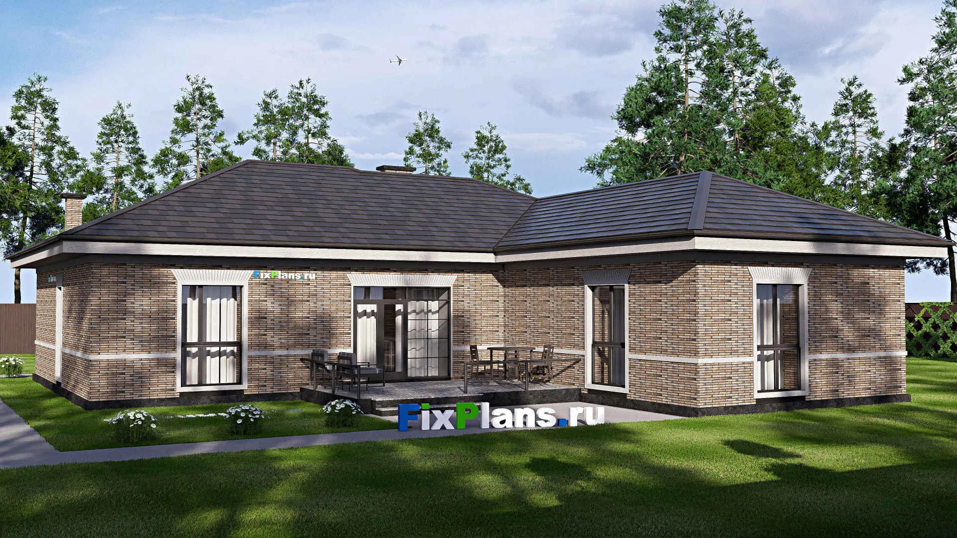 F-19619 - Проект одноэтажного дома 17 на 19, площадью 200 м² с террасой и 3 спальнями