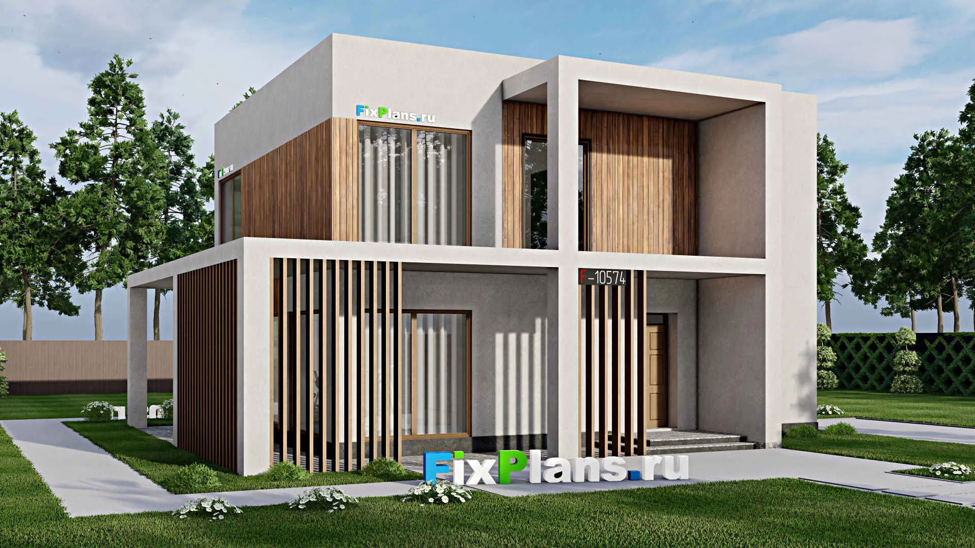 F-10574 - Проект двухэтажного дома 12 на 14, площадью 250 м² с террасой, балконом, баней, спортзалом и 2 спальнями