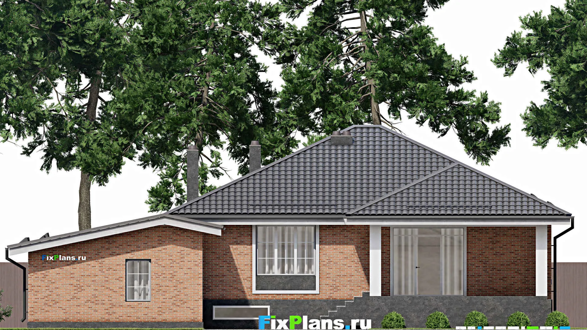 F-3878 - Проект одноэтажного дома 15 на 19, площадью 340 м² с террасой, цокольным этажом, баней, гаражом на 1 машину и 3 спальнями