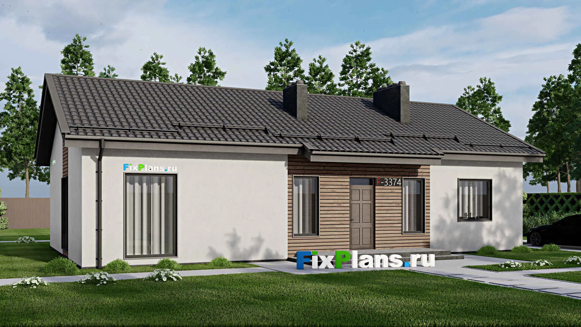 F-3374 - Проект одноэтажного дома 10 на 16, площадью 170 м² с террасой и 3 спальнями