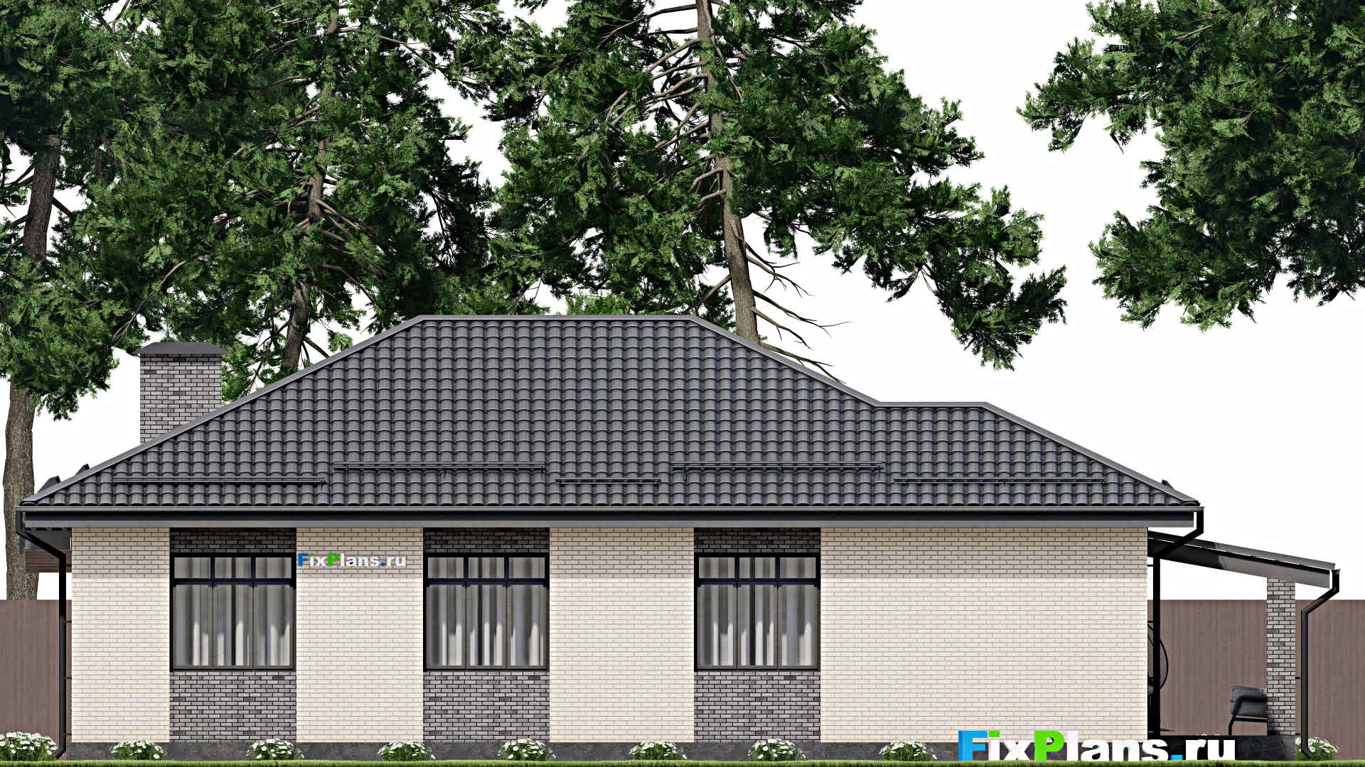 F-5453 - Проект одноэтажного дома 12 на 16, площадью 160 м² с террасой и 3 спальнями