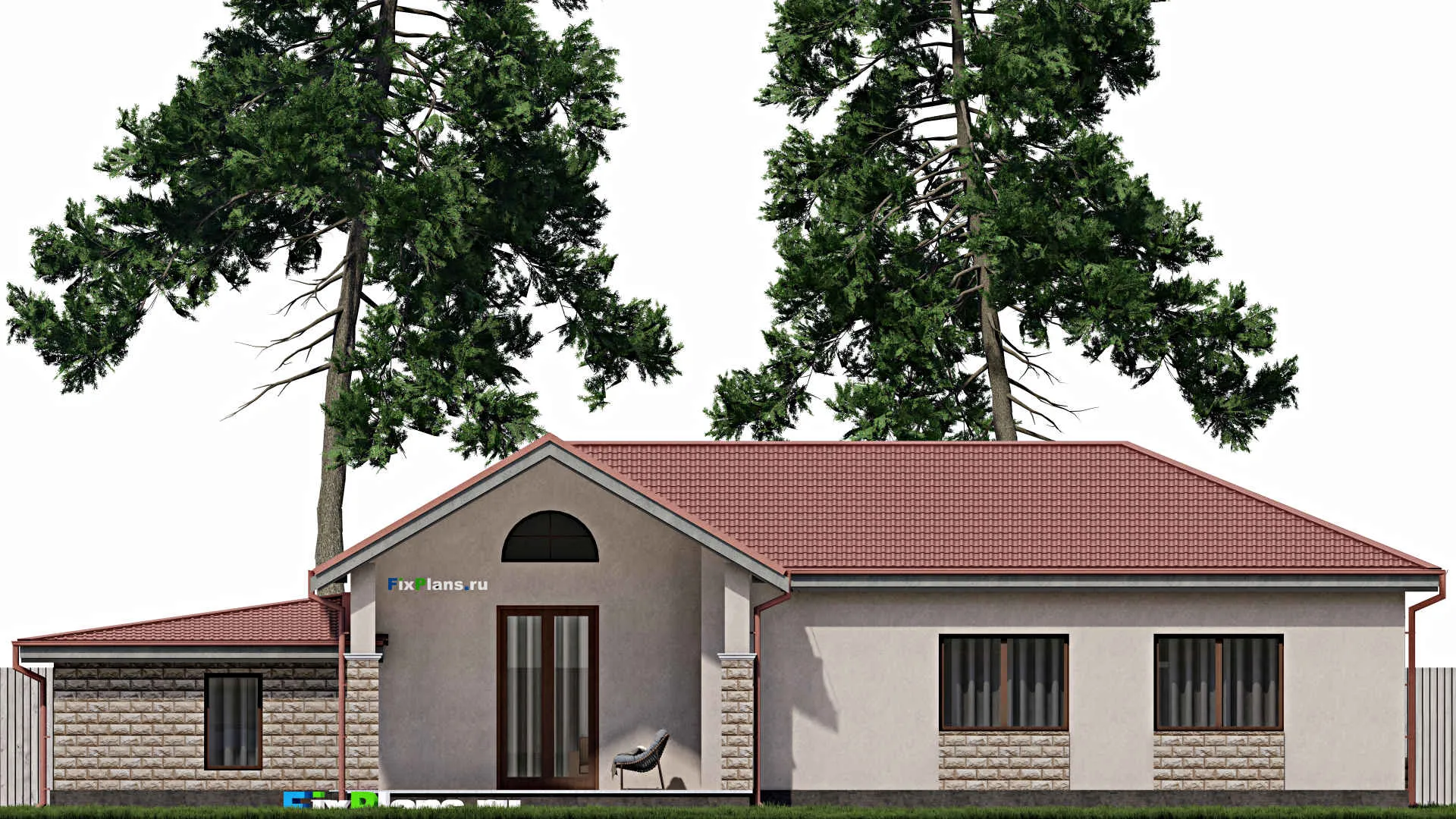 F-0539 - Проект одноэтажного дома 14 на 21, площадью 200 м² с террасой, гаражом на 1 машину и 3 спальнями