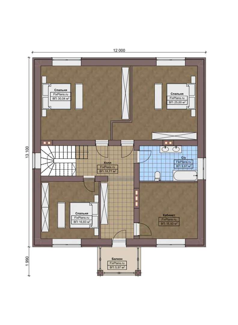 F-6155 - Планы двухэтажного дома 12 на 14, площадью 290 м² с террасой, балконом и 4 спальнями