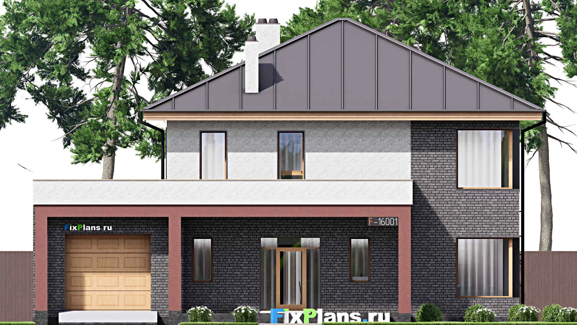 F-16001 - Проект двухэтажного дома 16 на 16, площадью 290 м² с террасой, балконом, гаражом на 1 машину и 4 спальнями