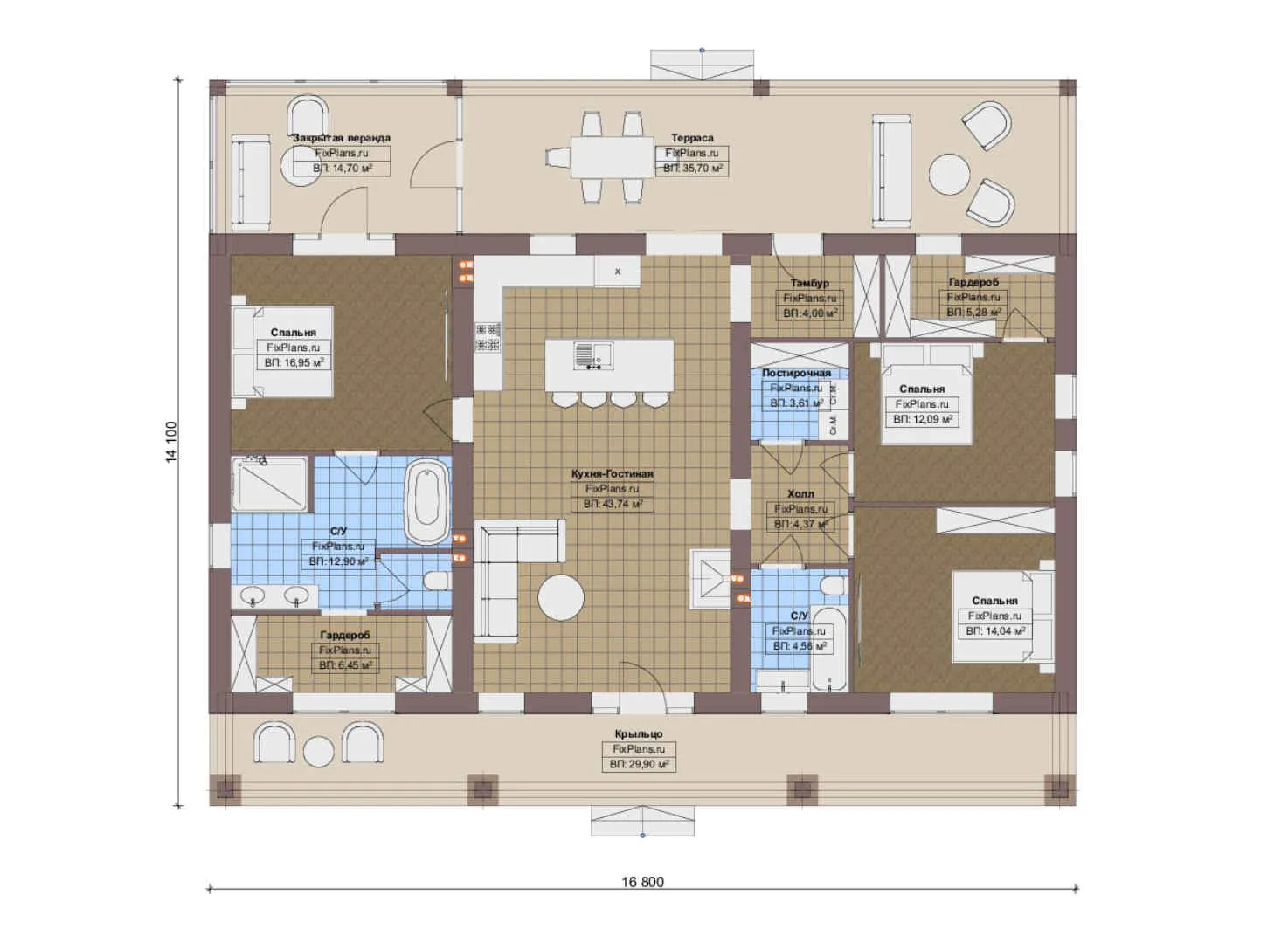 F-20717 - План одноэтажного дома 15 на 17, площадью 210 м² с террасой и 3 спальнями