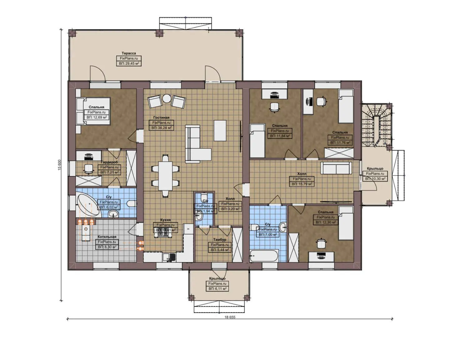 F-9557 - Планы дома с мансардой 16 на 19, площадью 260 м² с террасой и 5 спальнями